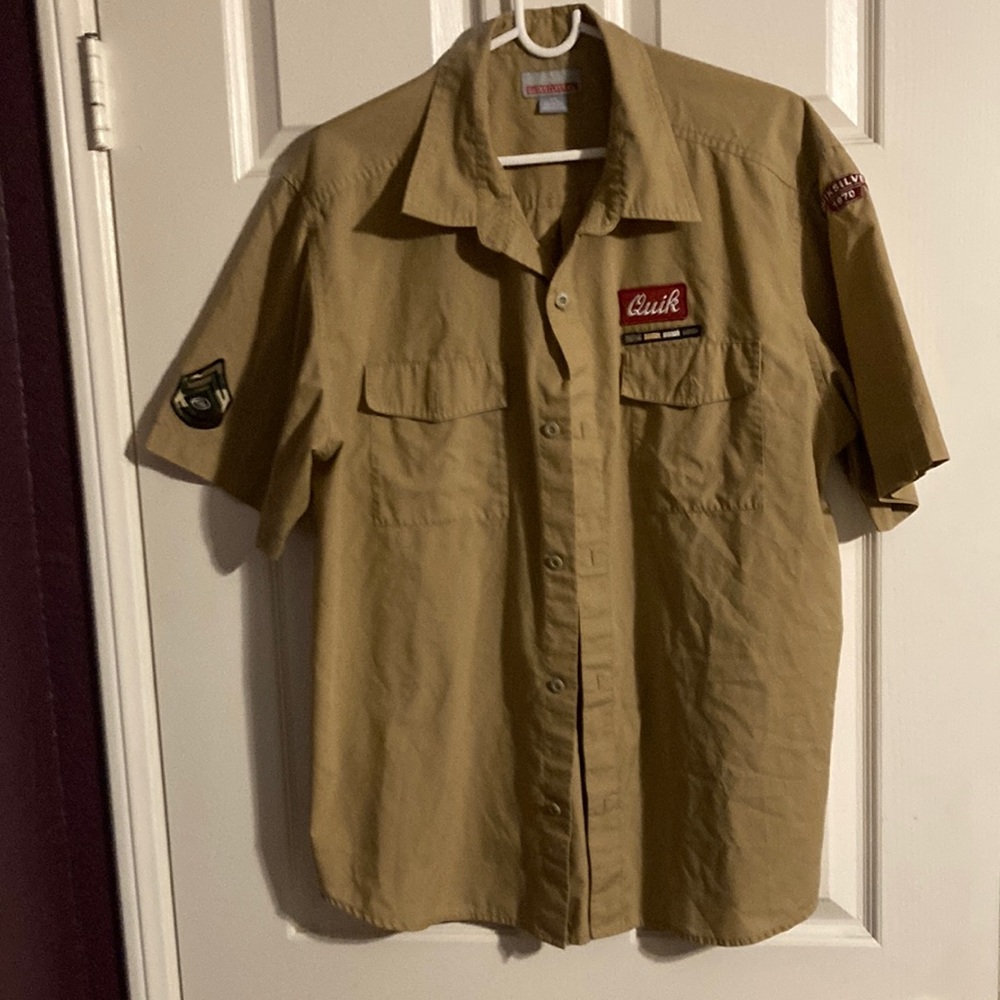 Fun Retro Quicksilver Khaki Mechanic Shirt. Button Up with Patches. Size LG